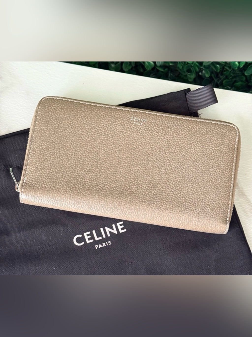 Celine Taupe Leather Zippy Wallet Authentic